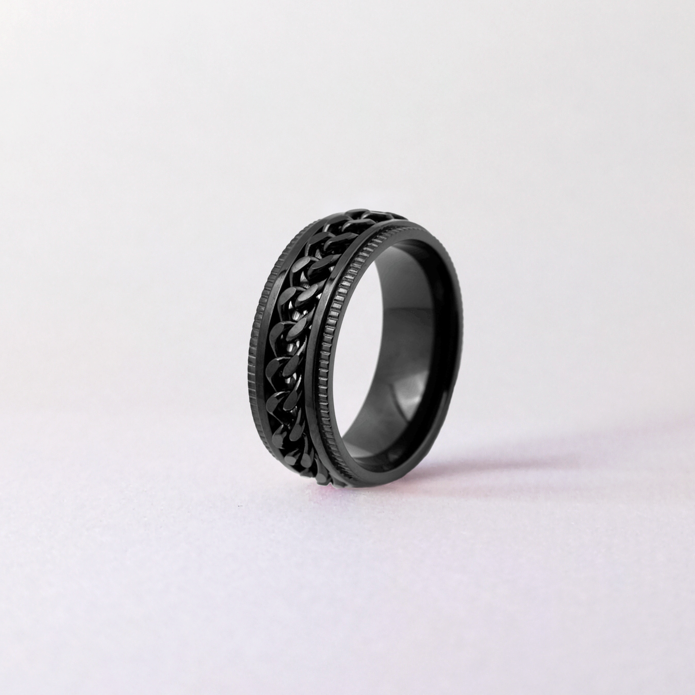 Stainless steel anxiety ring with integrated spinner black rotatable chain belt 